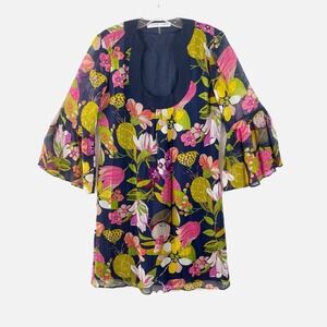 TRINA TURK Bonita Floral Print 100% Silk Shift Dress Bell Sleeves Size SM ($278)